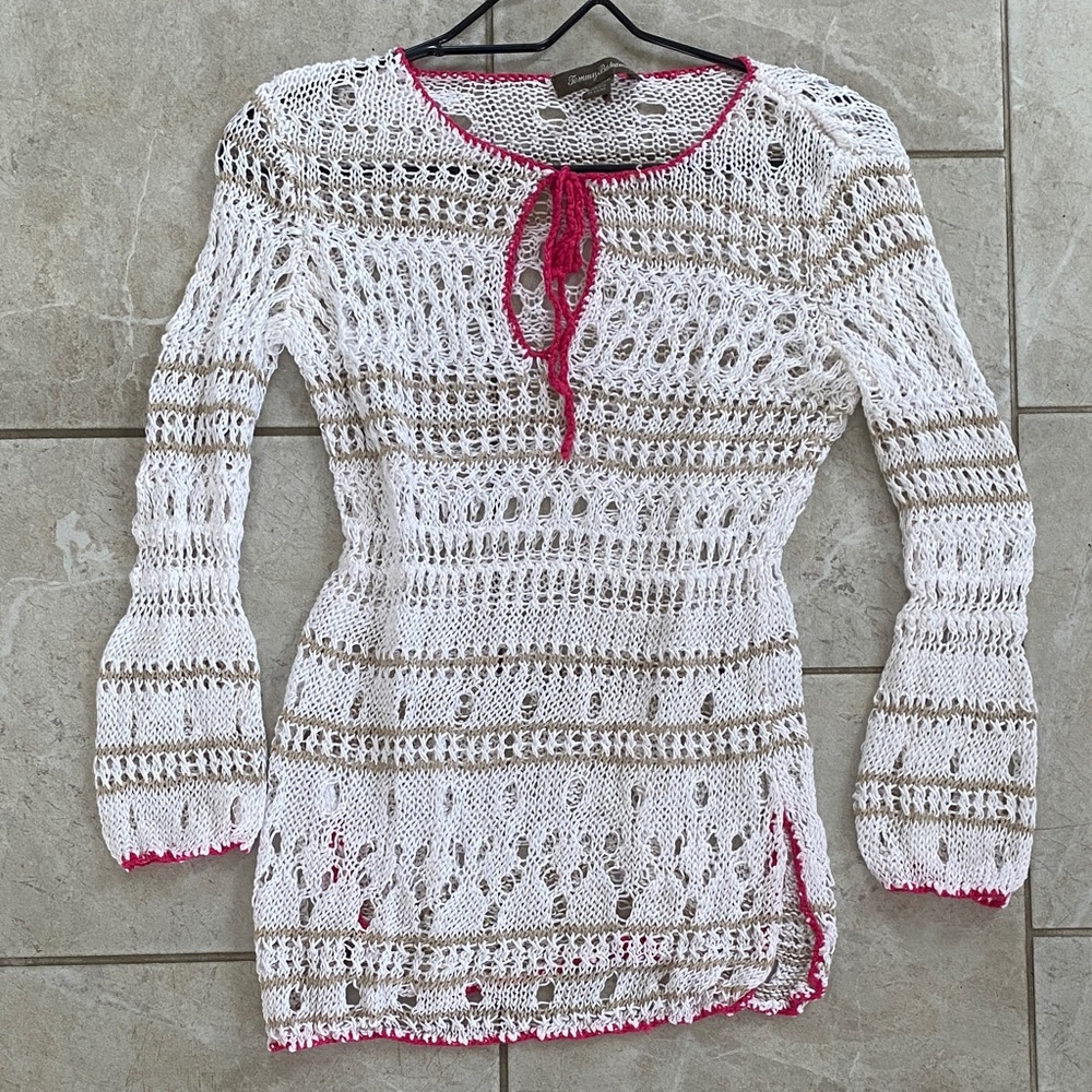Tommy Bahama White Pink Tan Open Knit Sweater